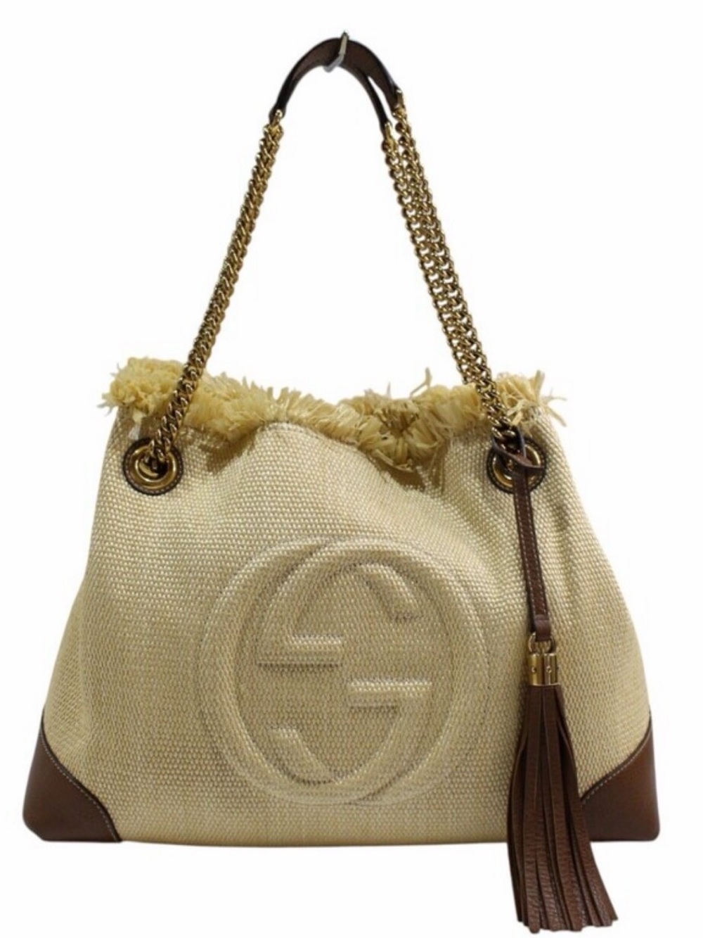 Gucci Beige raffia Shoulder Bag with Brown Leather Trim and Gold Chain